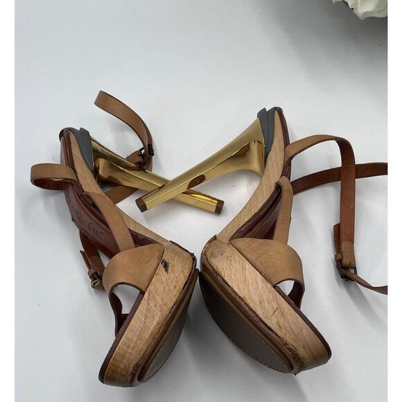 Lanvin‎ 2012 ETE "Opanca" Tan Buckle Strap Gold Wood Platform Stilettos 39/8-8.5 - Picture 8 of 12
